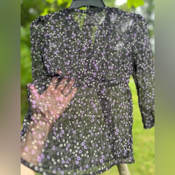 Aeropostale Sheer Flowered Juniors S Blouse 3/4 Sleeve Top Iridescent Buttons - Picture 7 of 10